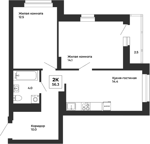 Планировка — Белая Башня, 2-комн., 55 м²