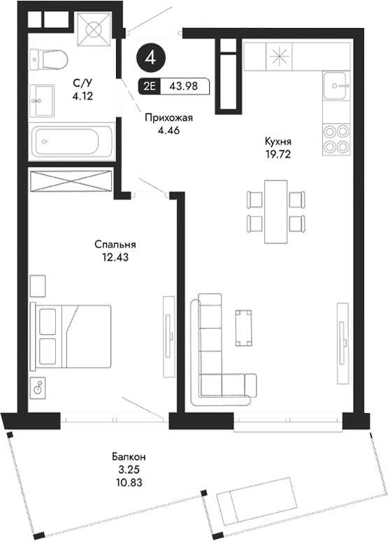 Планировка — Парковая Резиденция, 2-комн., 41 м²