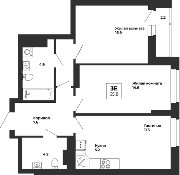 Планировка — Белая Башня, 3-комн., 65 м²