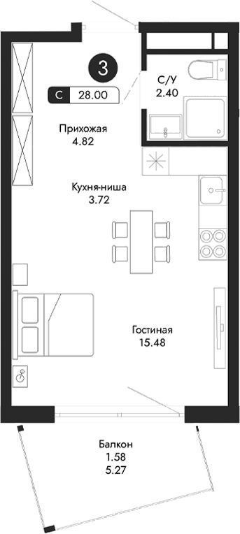 Планировка — Парковая Резиденция, Студия, 26 м²