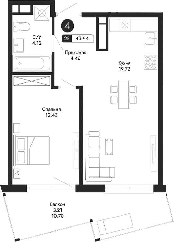 Планировка — Парковая Резиденция, 2-комн., 41 м²