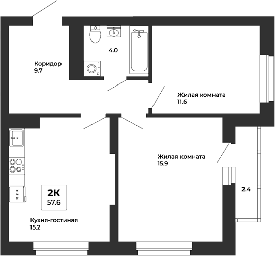 Планировка — Белая Башня, 2-комн., 56 м²
