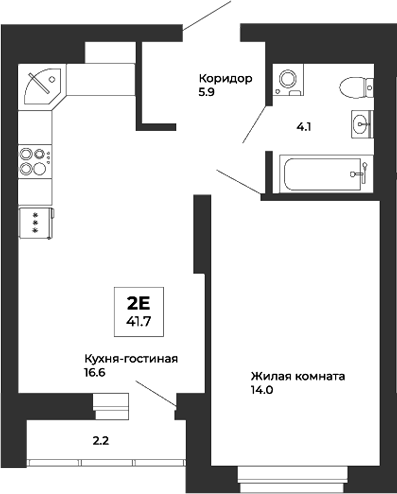 Планировка — Белая Башня, 2-комн., 41 м²