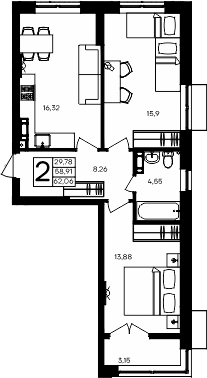 Планировка — Семисчастье, 2-комн., 59 м²