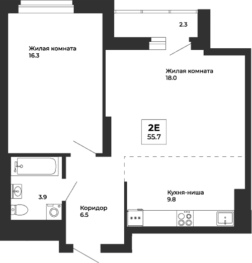 Планировка — Белая Башня, 2-комн., 55 м²