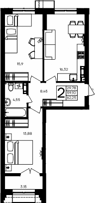 Планировка — Семисчастье, 2-комн., 59 м²