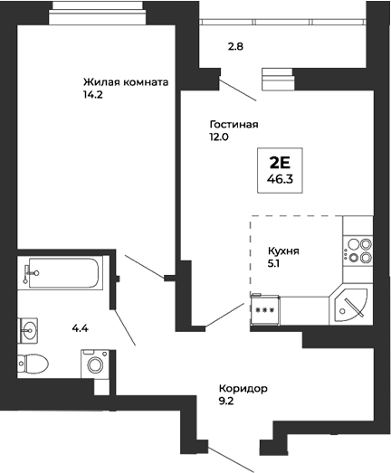 Планировка — Белая Башня, 2-комн., 45 м²