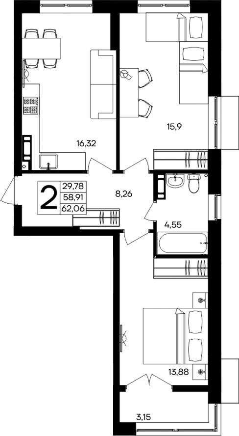 Планировка — Семисчастье, 2-комн., 59 м²