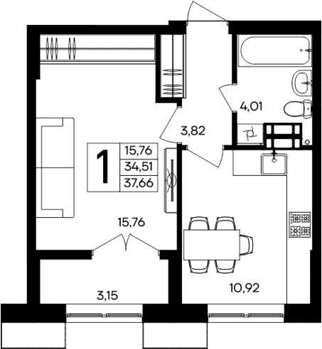 Планировка — Семисчастье, 1-комн., 35 м²