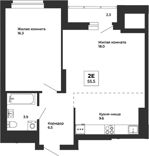Планировка — Белая Башня, 2-комн., 54 м²