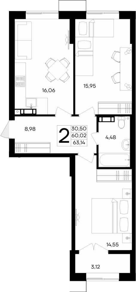 Планировка — Семисчастье, 2-комн., 60 м²