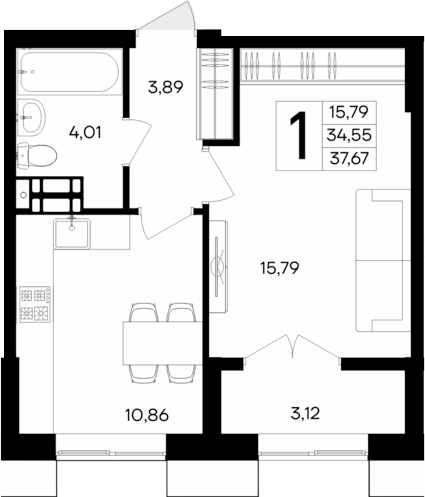 Планировка — Семисчастье, 1-комн., 35 м²