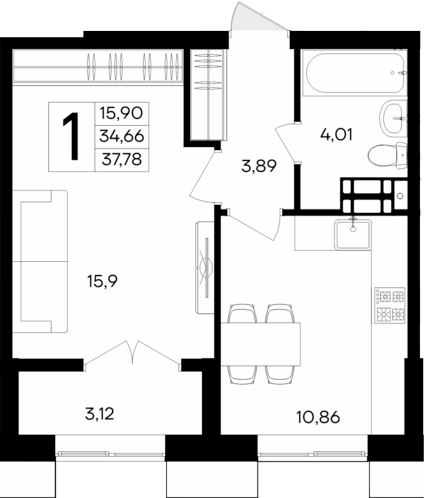 Планировка — Семисчастье, 1-комн., 35 м²