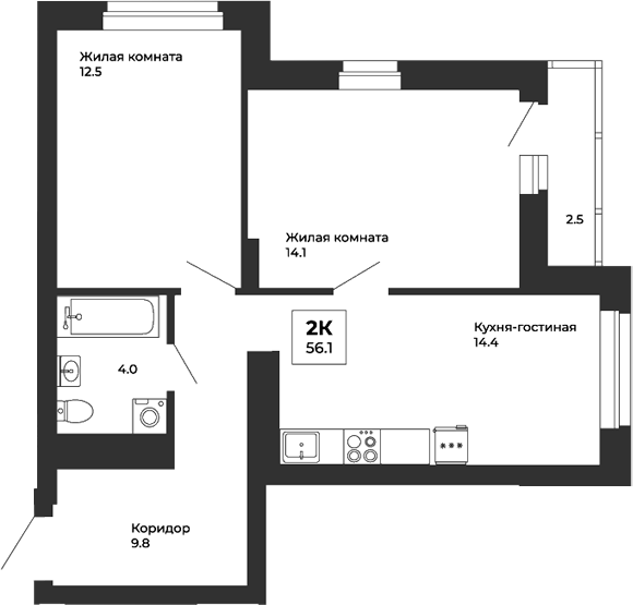 Планировка — Белая Башня, 2-комн., 55 м²