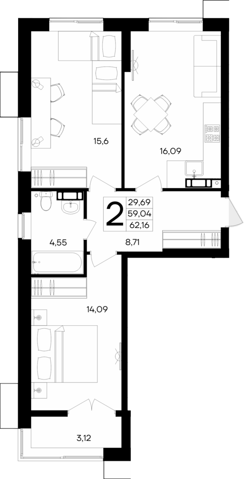 Планировка — Семисчастье, 2-комн., 59 м²