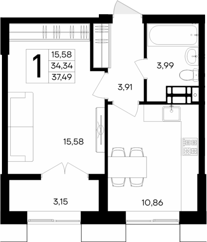 Планировка — Семисчастье, 1-комн., 34 м²