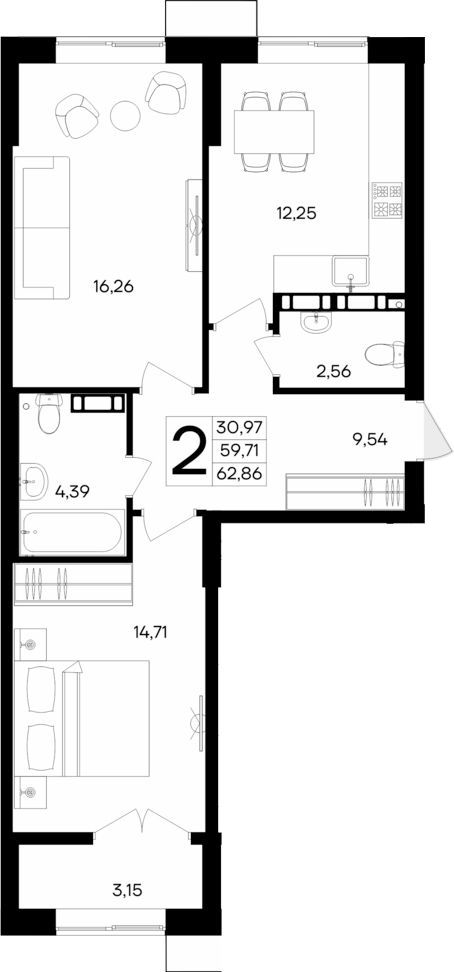 Планировка — Семисчастье, 2-комн., 60 м²