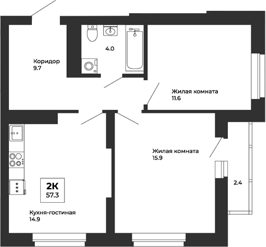 Планировка — Белая Башня, 2-комн., 56 м²