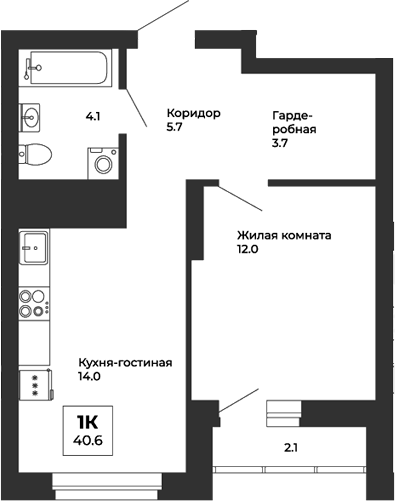 Планировка — Белая Башня, 1-комн., 40 м²