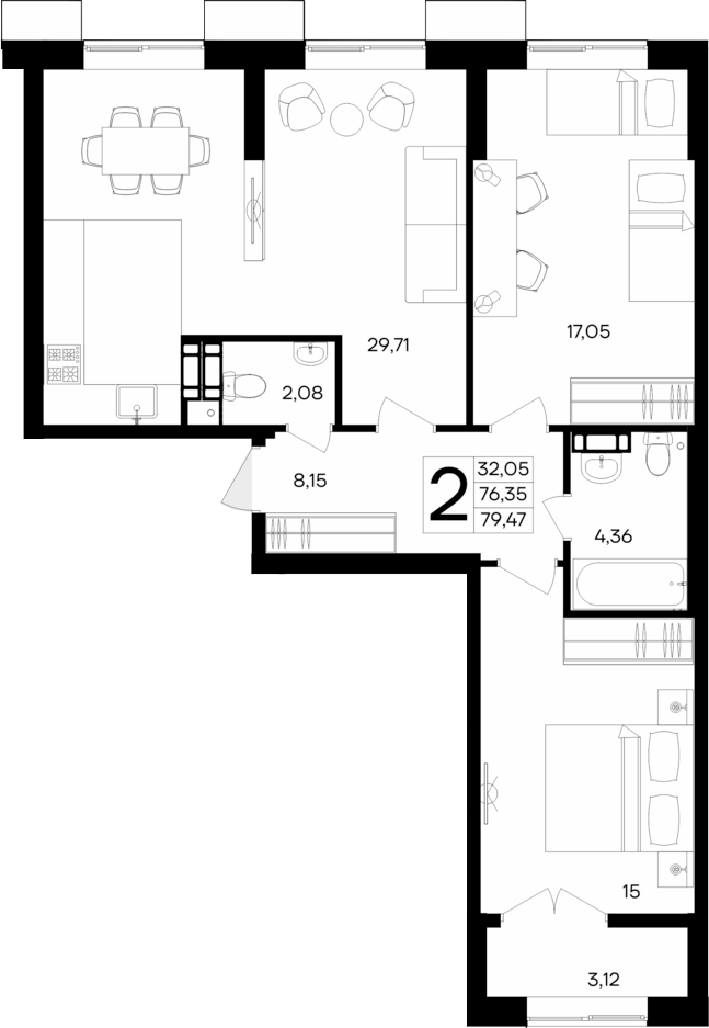 Планировка — Семисчастье, 2-комн., 76 м²