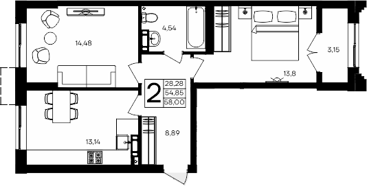 Планировка — Семисчастье, 2-комн., 55 м²