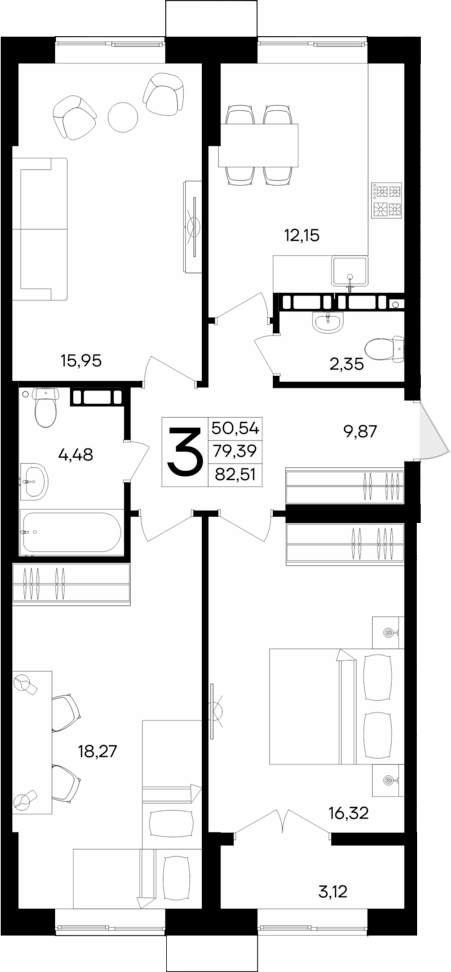 Планировка — Семисчастье, 3-комн., 79 м²