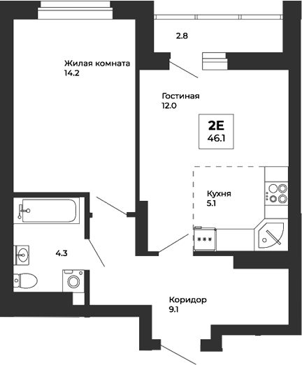 Планировка — Белая Башня, 2-комн., 45 м²