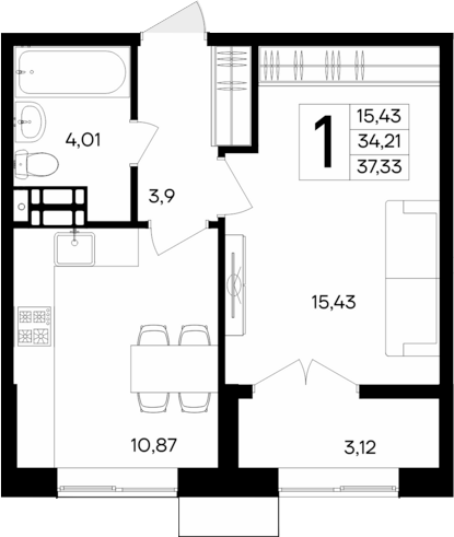 Планировка — Семисчастье, 1-комн., 34 м²
