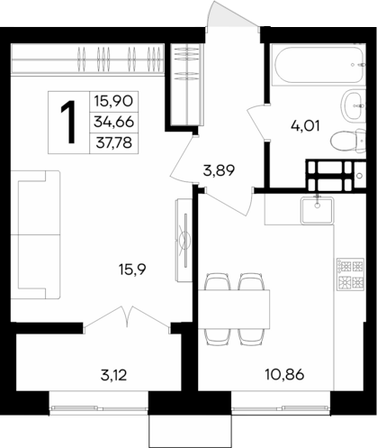 Планировка — Семисчастье, 1-комн., 35 м²