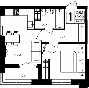 Планировка — Семисчастье, 1-комн., 39 м²