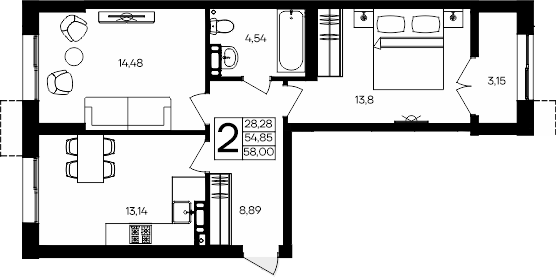 Планировка — Семисчастье, 2-комн., 55 м²