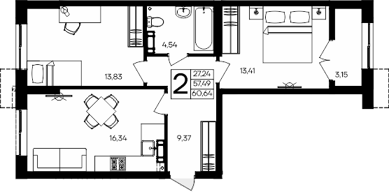 Планировка — Семисчастье, 2-комн., 57 м²