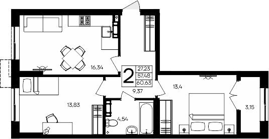 Планировка — Семисчастье, 2-комн., 57 м²