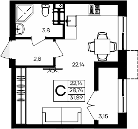 Планировка — Семисчастье, Студия, 29 м²