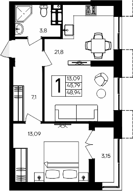 Планировка — Семисчастье, 1-комн., 46 м²