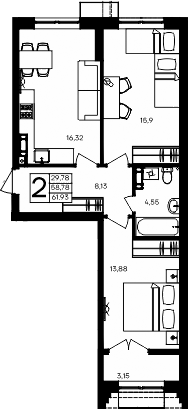 Планировка — Семисчастье, 2-комн., 59 м²