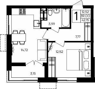 Планировка — Семисчастье, 1-комн., 39 м²