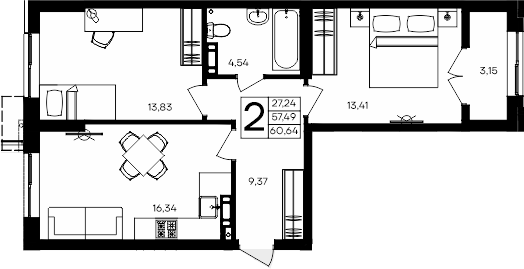 Планировка — Семисчастье, 2-комн., 57 м²