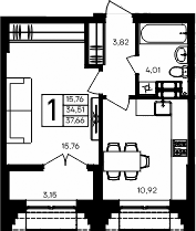Планировка — Семисчастье, 1-комн., 35 м²