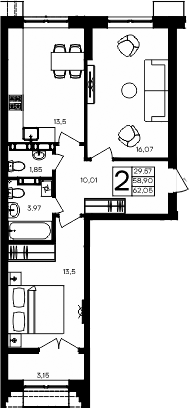 Планировка — Семисчастье, 2-комн., 59 м²