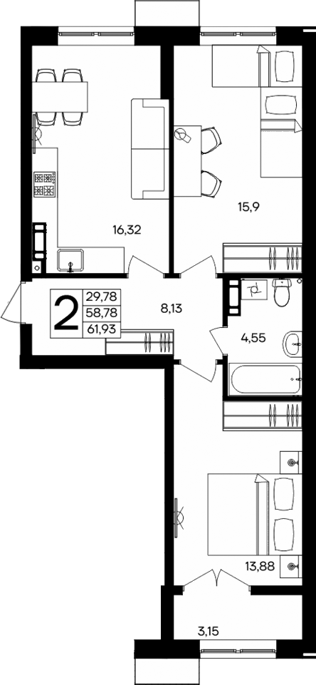 Планировка — Семисчастье, 2-комн., 59 м²