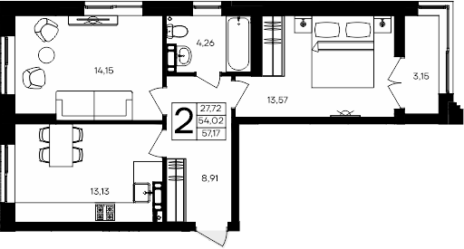 Планировка — Семисчастье, 2-комн., 54 м²