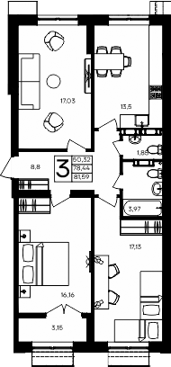 Планировка — Семисчастье, 3-комн., 78 м²