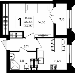 Планировка — Семисчастье, 1-комн., 31 м²
