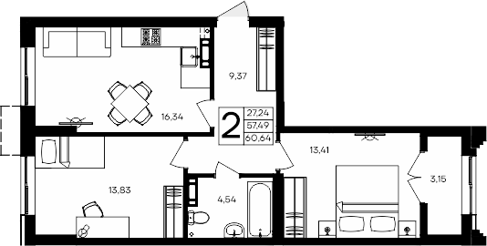 Планировка — Семисчастье, 2-комн., 57 м²