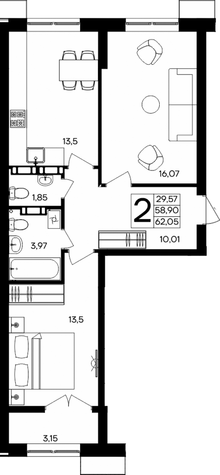 Планировка — Семисчастье, 2-комн., 59 м²
