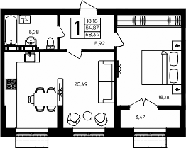 Планировка — Семисчастье, 1-комн., 55 м²