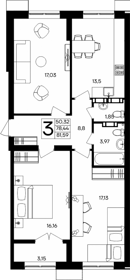 Планировка — Семисчастье, 3-комн., 78 м²