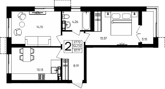 Планировка — Семисчастье, 2-комн., 54 м²