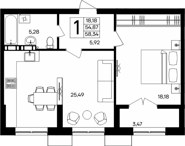 Планировка — Семисчастье, 1-комн., 55 м²